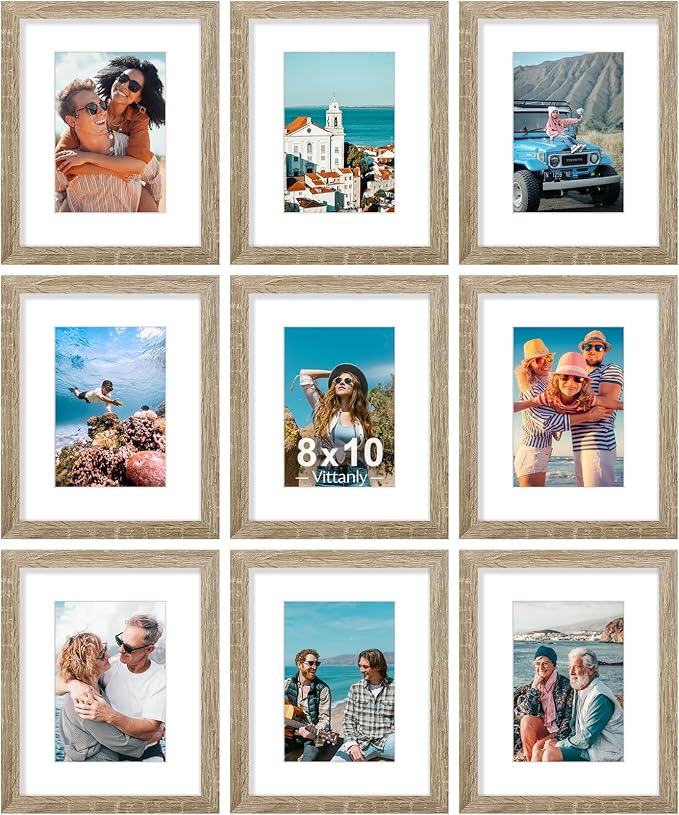 Vittanly 8x10 Picture Frames Set of 9, Wall & Tabletop, Light Wood | Display Pictures 5x7 with Mat or 8x10 without Mat, Small Photo Frames, Engineered Wood with Shatter Resistant Plexiglass