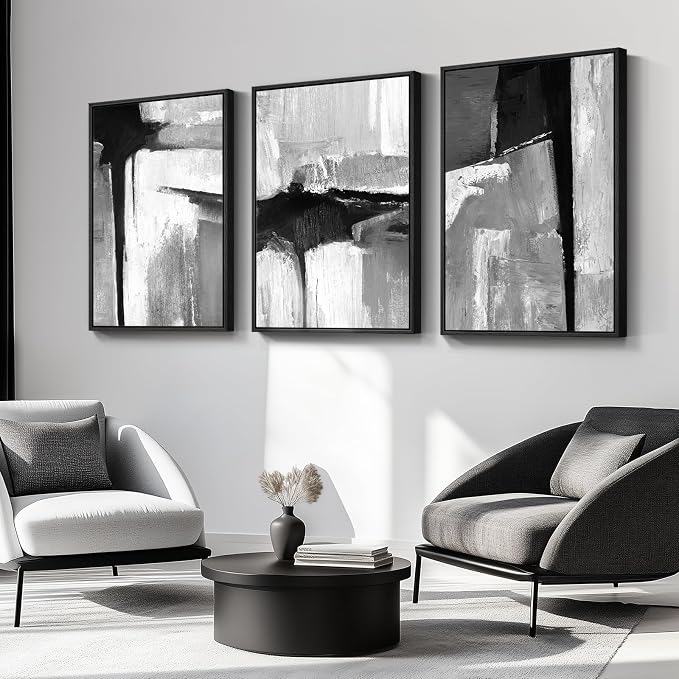 Large Framed Black and White Gray Abstract Wall Art Set, 3 Piece 24x36 Inch | Modern Minimalist Artwork, Gray Abstract Paintings, Neutral Pictures, Canvas Prints, Living Room Bedroom Office Wall Decor
