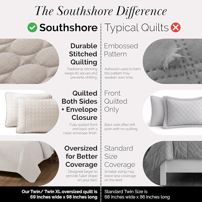 Southshore Fine Living, Inc. Twin XL Quilt Bedding Set, College Dorm Bedding Essentials, Stain Resistant, Microfiber Quilt, Twin XL Bedspread with Pillow Sham, Lightweight Bedspread, Bone Color
