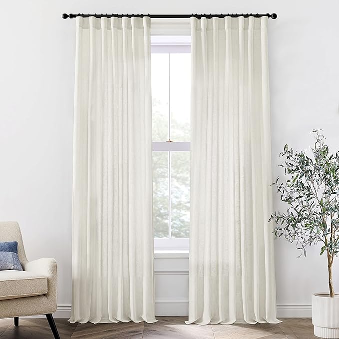 XTMYI 132 Inch Linen Semi Sheer Curtains, 11FT High Ceiling Rod Pocket Back Tab Drapes for Living Room Bedroom, 2 Panels Set, 11 FT Length 50'' W x 132'' L Inches, Cream