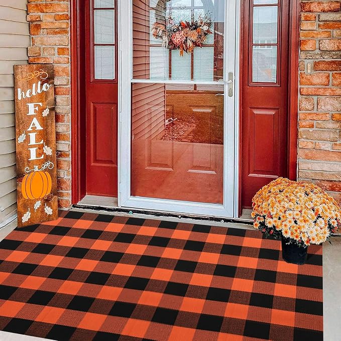 Buffalo Plaid Outdoor Rug 4x6 Ft Orange and Black Checkered Area Rug Halloween Washable Fall Indoor Outdoor Rugs for Entryway,Hallway, Kitchen, Living Room, Dining Room, Bedroom