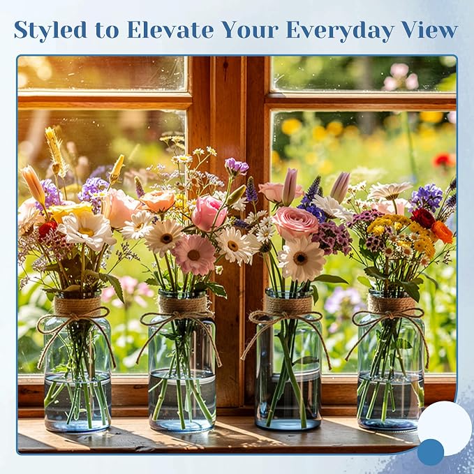 Mason Jar Glass Vases 12 Pack, Blue Flower Vase for Centerpieces | Rustic Farmhouse Home Decor, Bud Vase with Twine, Wedding Table Decoration, Boho Floral Arrangement, Vintage Jars Bulk