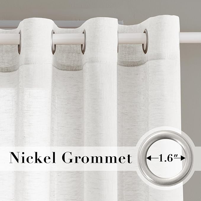 H.VERSAILTEX White Linen Curtains 96 inches Long Natural Linen Blended Semi-Sheer Curtains with Nickel Grommet for Living Room, Privacy Assured (52 by 96 Inch, Set of 2, White)