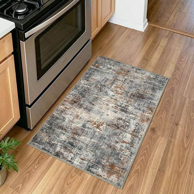 Lansny Abstract Washable Entryway Rug 2x3 Area Rug Small Non Slip Door Mat | Grey/Multi;Thin Printed Faux Wool Kitchen Rugs;Indoor Front Door Rug;Entry Rug;Throw Rugs for Foyer,Entrance;Floor Carpet
