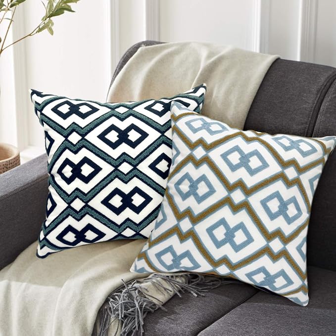 Alysheer Boho Embroidered Throw Pillow Cover 18"x18" Set of 2, Blue Khaki
