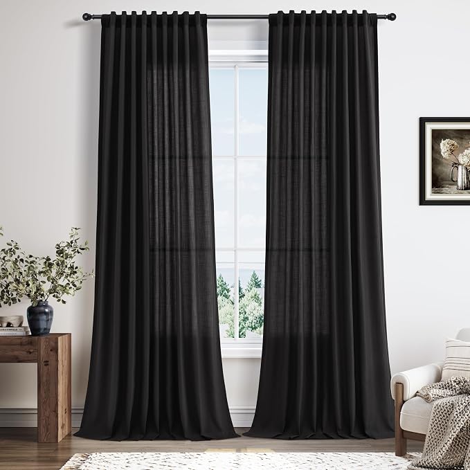 Extra Long Linen Curtains 102 Inches for Living Room Back Tab Semi Sheer Floor to Ceiling Light Filtering Curtain Boho Farmhouse Decor Window Drapes for Bedroom 2 Panels Black