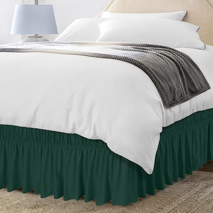 Wrap Around Queen Bed Skirt, Easy Fit Elastic Belt, 16 Inch Drop, Emerald | No Mattress Lifting, Stay-Put Design, Adjustable Buckle & Elastic Belt, Wrinkle & Fade Resistant, Brushed Microfiber