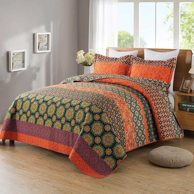 Travan Boho Stripe Quilt Sets Floral Printed Reversible Soft Bohemian Bedding Set with Shams for All Season, Orange Red Stripe, Queen Size