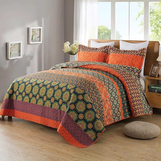 Travan Boho Stripe Quilt Sets Floral Printed Reversible Soft Bohemian Bedding Set with Shams for All Season, Orange Red Stripe, King Size