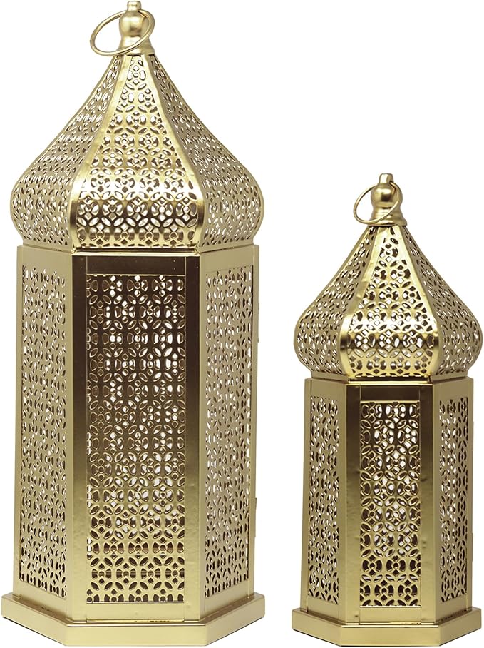 Vela Lanterns Decorative Indoor Gold Moroccan Temple Lanterns, Set of 2