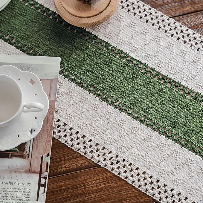 Macrame Table Runner Beige and Green Boho Runners with Tassels 12x95in | Alynsehom Hand Woven Cotton Table Runner Rustic Farmhouse Table Runners for Bohemian Kitchen Dining Table