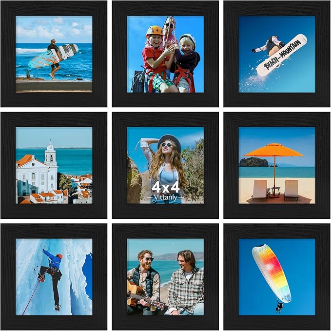 Vittanly 4x4 Picture Frames Set of 9 for Wall or Tabletop Display, Black | Display Pictures 4x4 without Mat, Small Photo Frames, Engineered Wood with Shatter Resistant Plexiglass