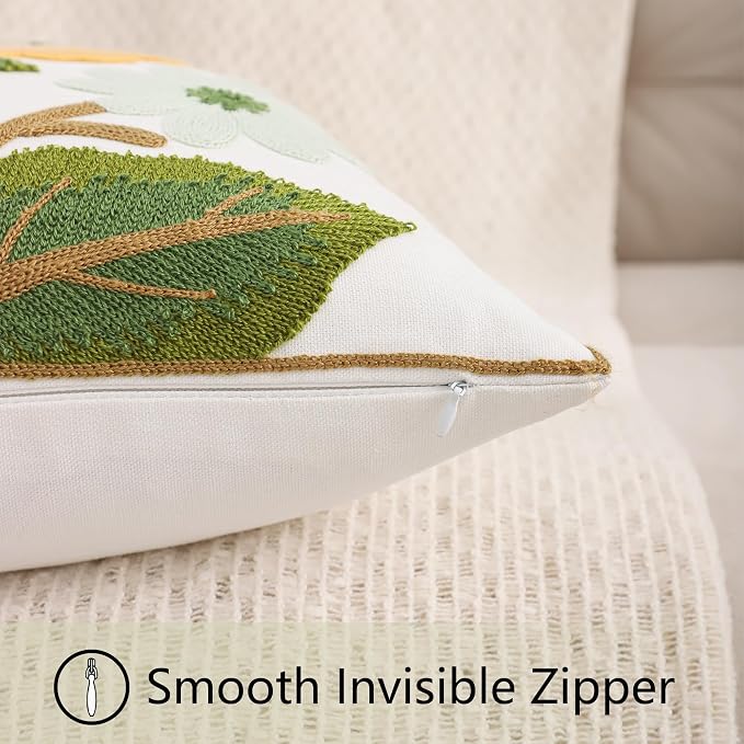 Floral Throw Pillow Covers 18x18 Pack of 2 Pink and Yellow Flower Embroidered Pillow Cover with Green Leaves Farmhouse Pillow Cushion Case Decorative Farm Pillowcases for Summer Fall Autumn
