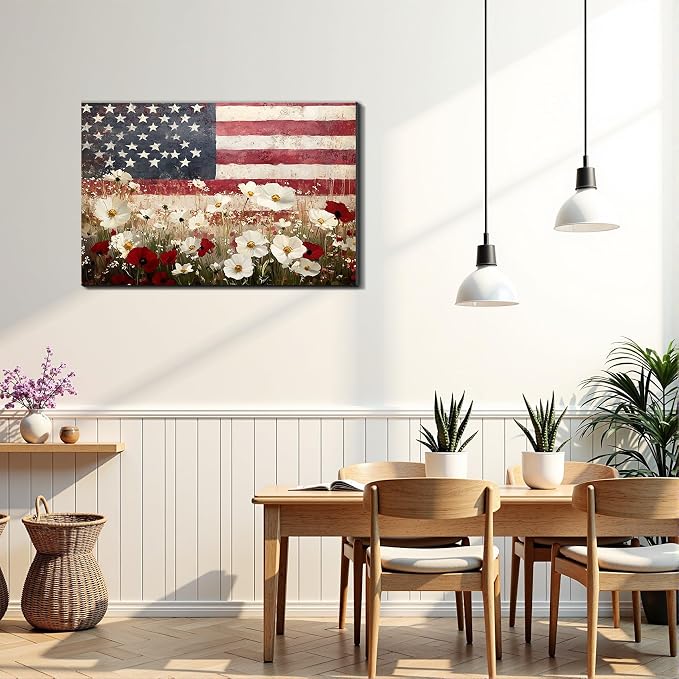 Framed American Flag Coastal Wall Art, Patriotic Beach Canvas Art Pictures, USA Seaside Wall Decor, Made in USA Ready to Hang for Living Room Bedroom Porch