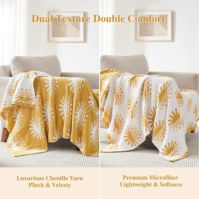 Warm Chenille Throw Blanket for Couch, Cozy Soft Knitted Blankets | Lightweight Fuzzy Travel Warm Decor for Women, Mom, Girls, Sofa, Chair, 50x60in, Yellow Sunset