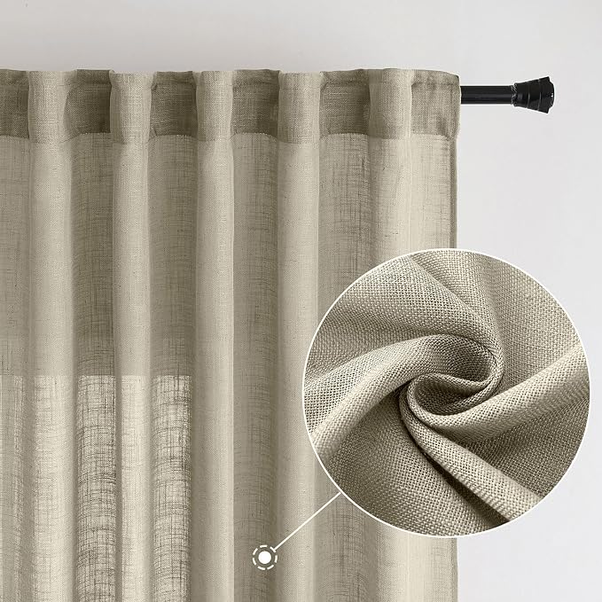 MIULEE Oatmeal Linen Curtains 52x108 Inch Long for Bedroom and Living Room | 2 Panels, Soft Thick Linen Textured Natural Window Drapes, Semi Sheer Light Filtering, Back Tab Rod Pocket, Burlap Look Decor