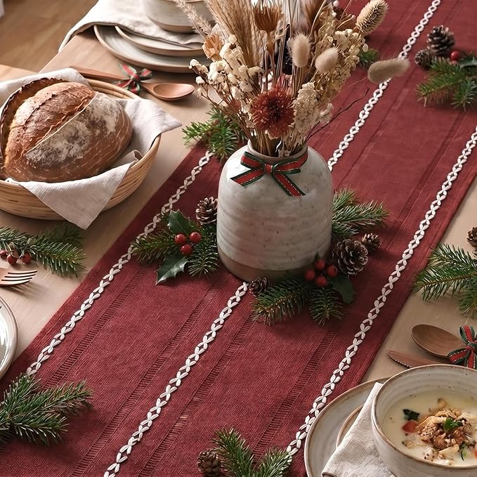 Artoid Mode Red Rustic Cotton Linen Christmas Table Runner, Seasonal Embroidered Hollow Kitchen Dining Table Decoration for Home Party Decor 13x36 Inch