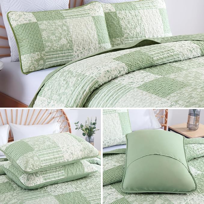 Mybedsoul Boho Quilt King Size, Patchwork Floral Bedding Set, Light Green | Soft Lightweight Microfiber Coverlet Set, 3 Pieces Plaid Bedspread, Bed Sets for All Seasons 90"x110"