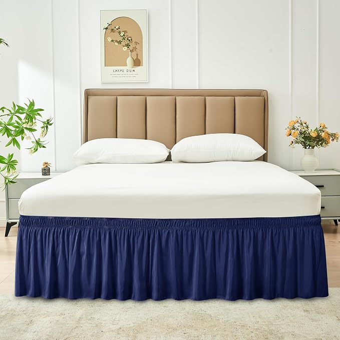 Wrap Around Queen Size Bed Skirt 16 Inch Drop-Elastic Dust Ruffle Navy | Adjustable Pleated Bedskirt-Easy Fit Wrinkle Resistant Washable Hotel Quality Fabric Bed Skirting-Master Guest Bedroom Rental