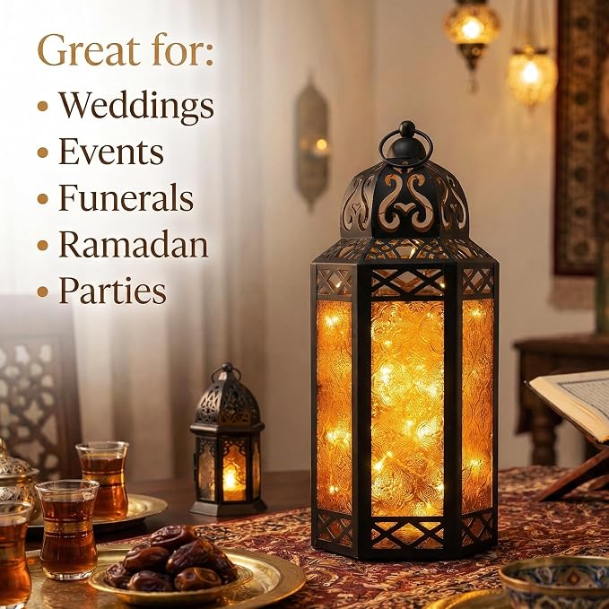 Vela Lanterns Decorative Indoor Fairy Light Halloween Holder, Amber, L | Orange Fall Decorations, Fantasy Moroccan Candle Lamp, Turkish Metal Hanging, Diwali & Eid, Porch Patio, 12" Tall