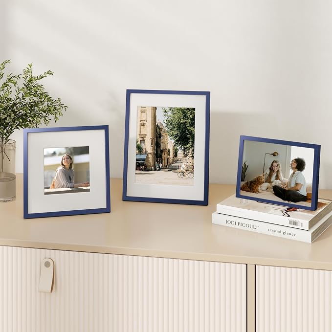 Fun Memories 8x10 Inch Metal Picture Frame - Aluminum Photo Frames - 5x7 Mat - Ideal for Wall or Tabletop Display - Wall Hook Hanging Hardware Included - Navy Blue - Set of 1