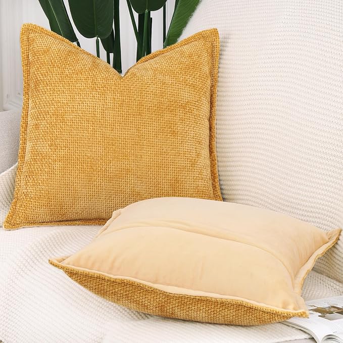 MADIZZ Decorative Chenille Velvet Throw Pillow Covers Set of 2 Soft Boho Textured Neutral Couch Throw Pillow for Bed Modern Farmhouse Home Decor for Sofa Livingroom Yellow 20x20 Inch