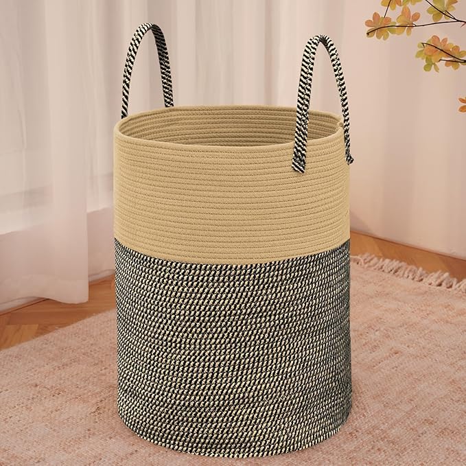 JMvicyroam 80L Cotton Rope Laundry Basket Hamper, Brown and Black | Collapsible laundry basket, reinforced handles, freestanding, machine washable, holds 3-5 thick blankets, clothes or toys