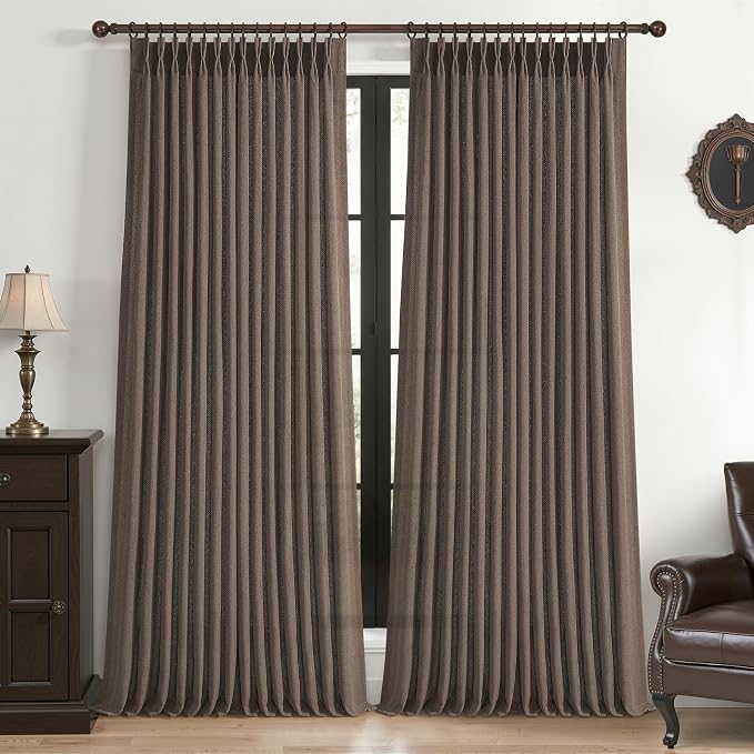 Memory Trained Pinch Pleated 102 Inch Extra Long Curtains for Dining Room, Dark Brown Flax Linen Semi Sheer Privacy Nursery Drapes 2 Panels Set Light Filtering Kids Room Cottage Core Window Curtain
