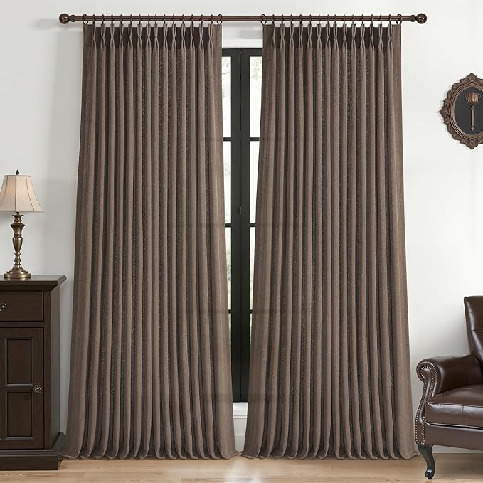 Dark Brown Pleated 90 Inch Bedroom Curtains 2 Panels Set, Memory Shape Pinch Pleat Linen Semi Sheer Light Filtering Privacy Windows Drapes Country Dining Room Curtain 90 Inches Long with Hooks & Rings