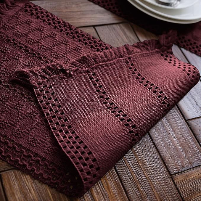 Macrame Table Runner Burgundy Boho Table Runners with Tassels 12x60in | Alynsehom Hand Woven Cotton Table Runner Rustic Farmhouse Table Runners for Bohemian Kitchen Dining Table