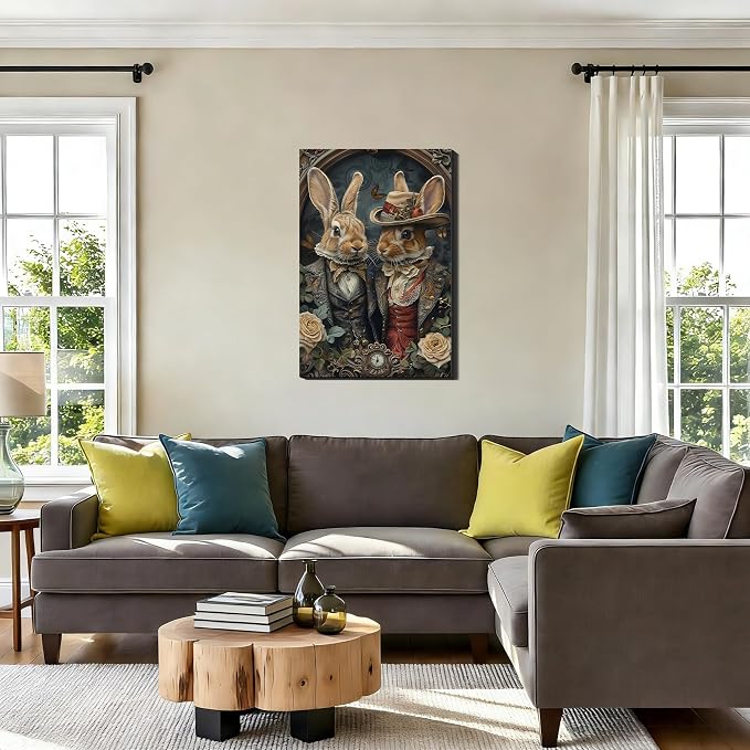 Large Elegant Easter Bunny Canvas Wall Art 24x36, Retro Dress Up Couple Rabbit Pictures Wall Decor Funny Poster Prints for Office Easter Decorations Home Bathroom Bedroom Artwork
