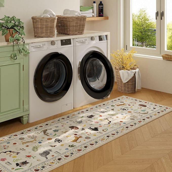 Rugcomf 2'7"x14' Long Hallway Runner Rug - Floral Cat Washable Non Slip Boho Carpet for Kitchen, Entryway, Hall, Bathroom - Beige