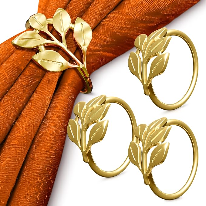 20 Pcs Gold Napkin Rings with Leaf Design, 1.38 Inch Inner Diameter | Decorative Metal Ring Holders for Cloth Napkins - Fall, Thanksgiving & Christmas Table Decor for Weddings & Dinner Parties
