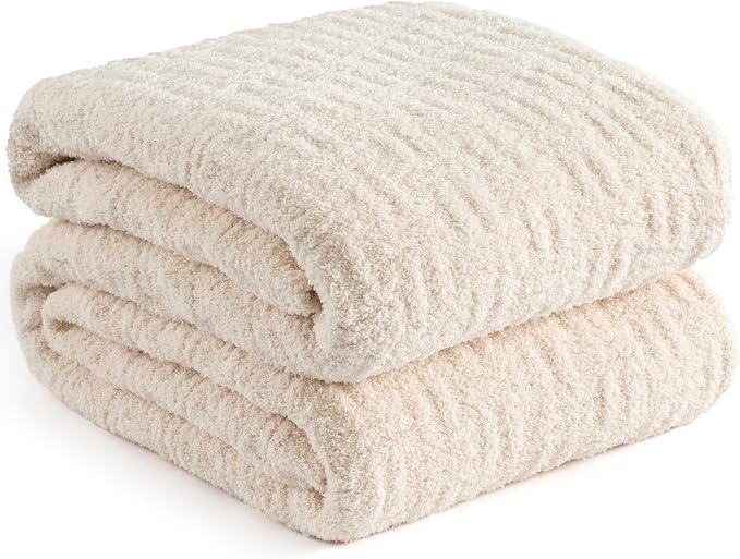 White Ultra Soft Knit Throw Blanket for Couch,60"X80" Microfiber Fluffy Cozy Warm Knitted Blankets with Checked Pattern for Sofa Bed