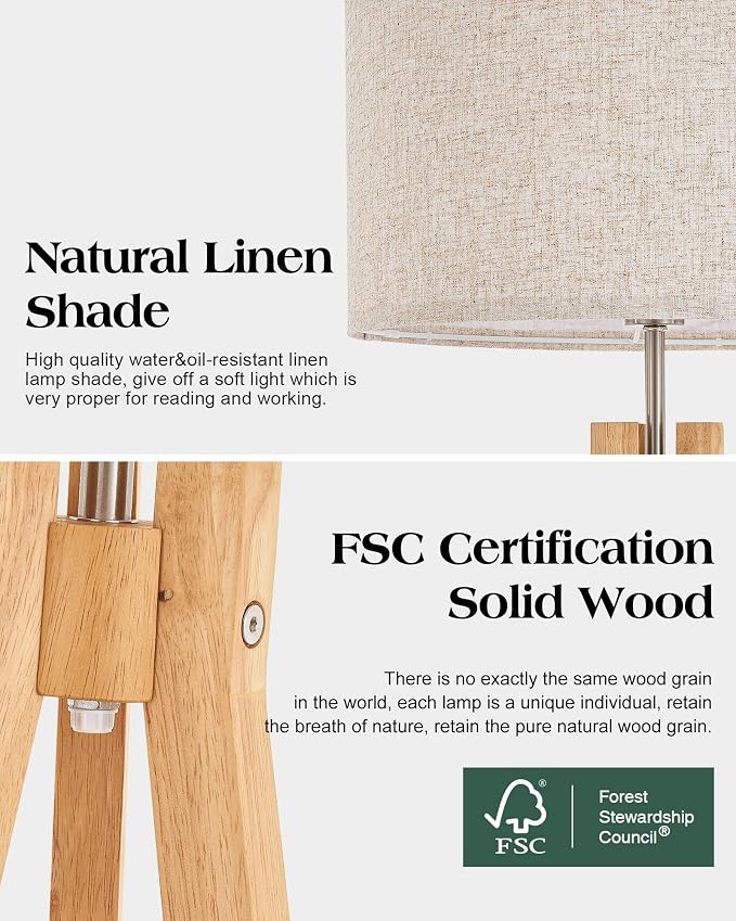 ELYONA Nordic Wood Tripod Floor Lamp, Modern Reading Standing Lamp for Living Room 3 Color Temperatures LED Bulb Included Flaxen Lamp Shade, Boho Natural Wooden floor lamp for Bedroom Office Kids Room