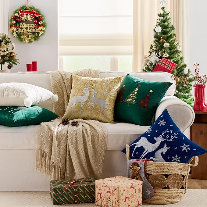 KINDREX Christmas Deer Snowflake Throw Pillow Covers 18x18 Set of 2 Winter Holiday Decorative Navy Blue Embroidered Luxurious Soft Velvet Accent Pillowcase for Sofa Couch Bed Living Room Home Decor