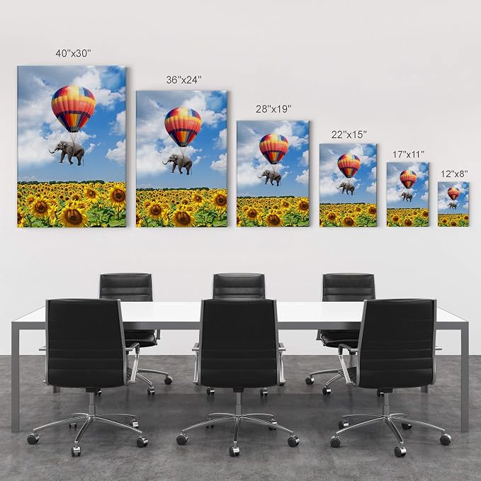 Smile Art Design Elephant with Balloon and Sunflower Field Motivational Wall Art Canvas Print Inspirational Wall Art Entrepreneur Quote Office Living Room Decor Artwork Gift Ready to Hang 28x19