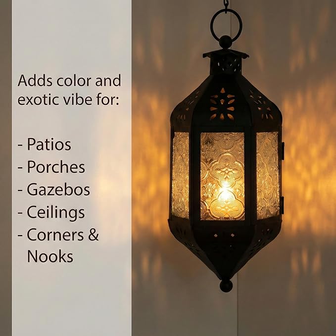 Vela Lanterns Hanging Moroccan Lamp - Exotic Decorative Patio & Porch Decor, Indoor Outdoor Tea Light Candle Lantern Holder with Chain (11" Medium, Clear Glass, 3-Pack)