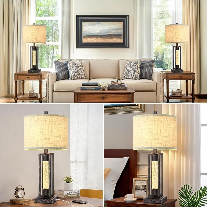 TOBUSA 26" Bronze Farmhouse Table Lamps Set of 2 with Crystal Night Light