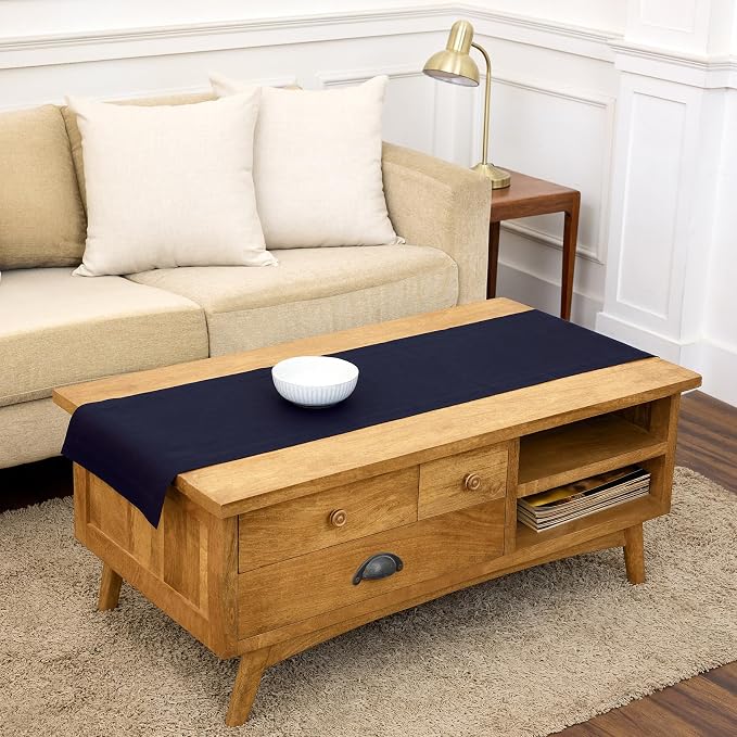 Solino Home 100% Pure Linen Dining Table Runner Navy Woven, Fete 14 x 48 in | styles dining tables for meals and celebrations, European flax fibres, easy to care for, Navy, soft, fine, OEKO-TEX Certified