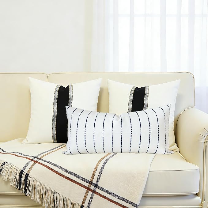 Slow Cow Linen Embroidery Decorative Lumbar Throw Pillow Cover Rectangular Pillowcase Cushion Cover for Bed Couch Sofa 12 x 24 Inches Navy Blue