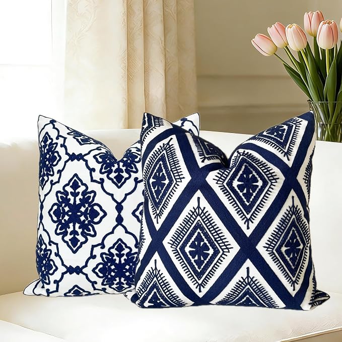 Slow Cow Embroidery Cushion Cover Decorative Invisible Zipper Throw Pillow Cover for Living Room 20 x 20 Inch, Navy Blue