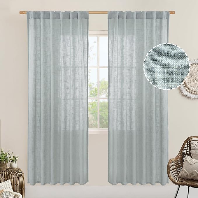 80 inch Linen Living Room Curtains, Light Filtering Drapes 2 Panels | Faux Linen Textured, Semi Sheer, Boho, Curtains for Bedroom, Farmhouse, Rod Pocket Back Tab, 52 x 80 Inch, Greyish Blue