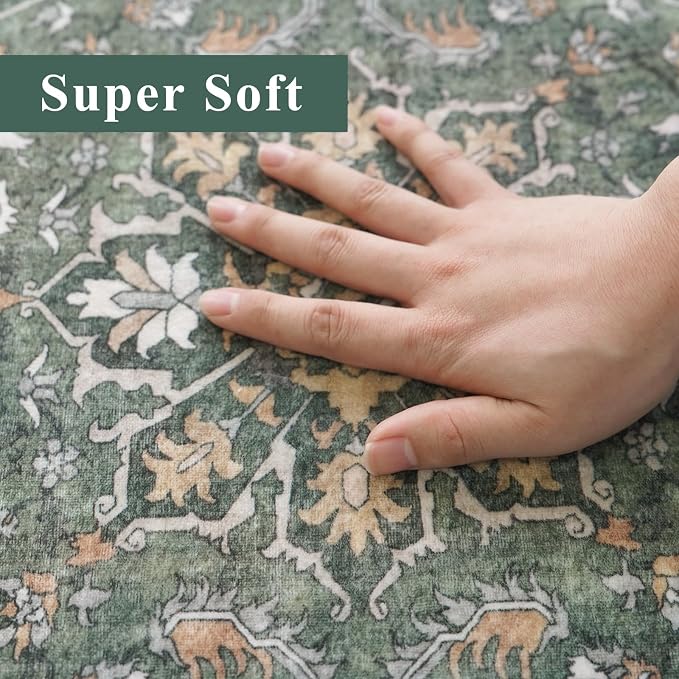 Washable 3x8 Hallway Runner Rug - Kitchen Rugs Ultra Soft Entryway Rug Runner Vintage Floral Floor Mat Non-Slip Low Pile Indoor Farmhouse Carpet for Bathroom Living Room Bedroom (Green,3x8)