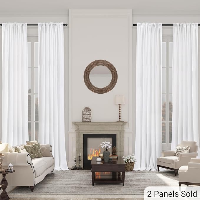 White Linen Curtains 120 Inch Length for Living Room Bedroom 2 Panels Set Rod Pocket Light Filtering Semi Sheer Window Curtains 52 Inch Width Boho Farmhouse Linen Drapes, W52xL120