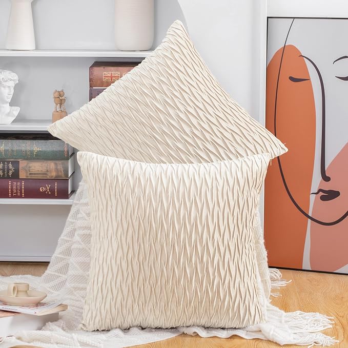 MADIZZ Set of 2 Super Soft Velvet Decorative Throw Pillow Covers 24x24 inch Beige Square with Texture Luxury Style Cushion Case European Pillow Shell for Sofa Bedroom