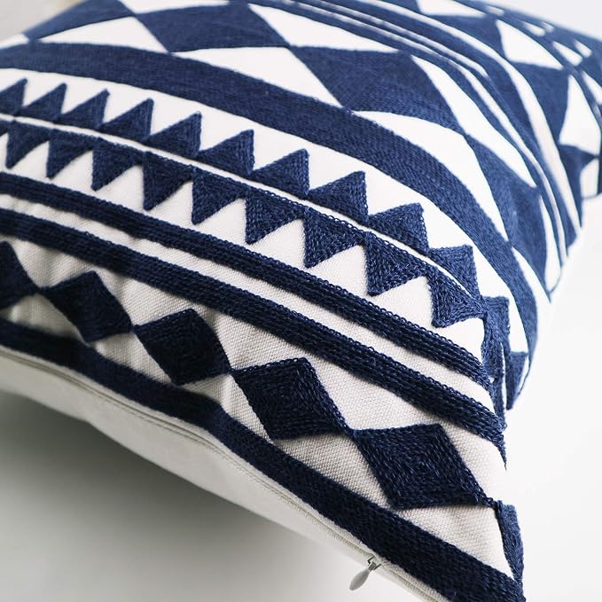 Embroidery Throw Pillow Cover 18x18 Home Décor Navy Blue Geometric Cushion Cover Diamond Triangle Pillow Case Floor Pillow Cover for Couch Sofa Chair 100% Cotton 45x45cm, 1 Piece