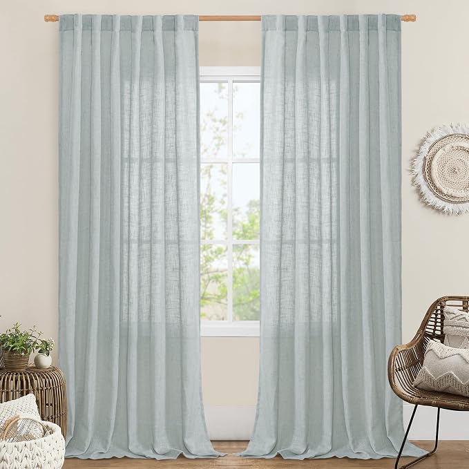 102 Inch Length Light Filtering Sheer Linen Curtains, 52 x 102 Inch | Linen Textured, Semi Sheer Panels, Natural Boho Drapes for Living Room, Bedroom, Rod Pocket Back Tab, 2 Panels, Greyish Blue