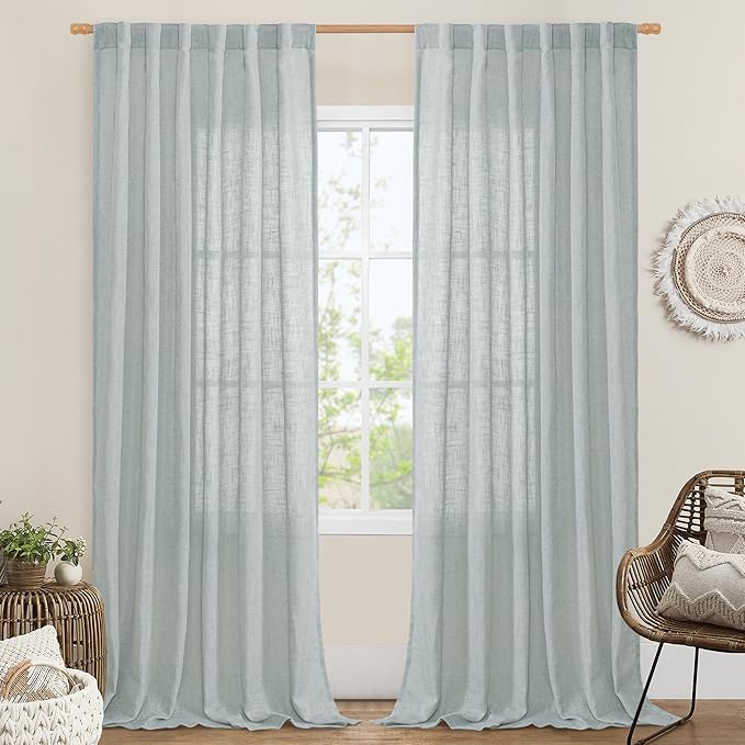 Living Room Linen Curtains 95 Inch for Bedroom, Semi Sheer Panels | Linen Textured, Light Filtering, Burlap Drapes for Farmhouse, Rod Pocket Back Tab, 2 Panels, 52 x 95 Inch, Greyish Blue