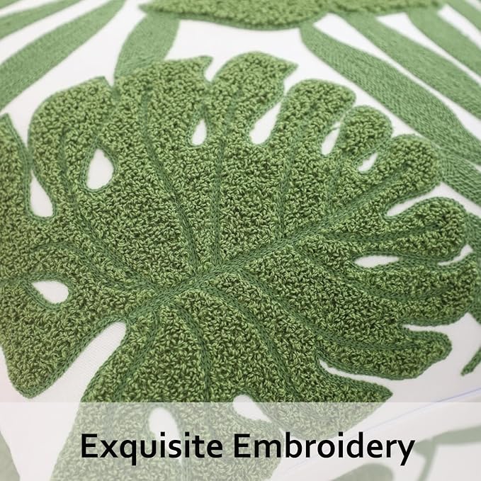 Embroidered Throw Pillow Covers 12x20 Set of 2 Green Botanical Leaf